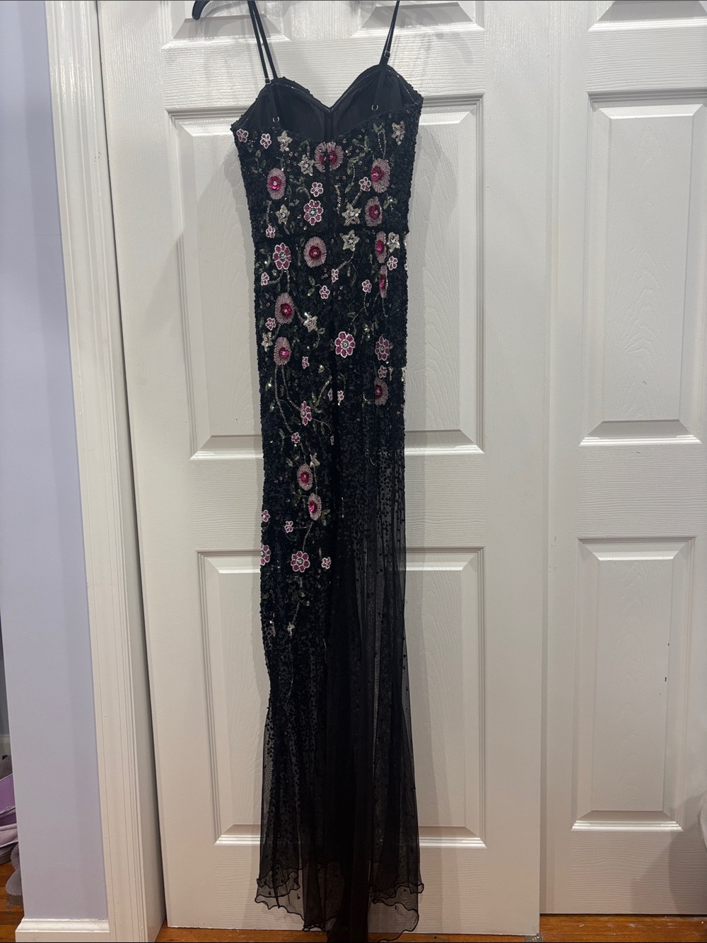 Black Beaded Evening Gown with Pink Floral Embroidery - Picture 5 of 9